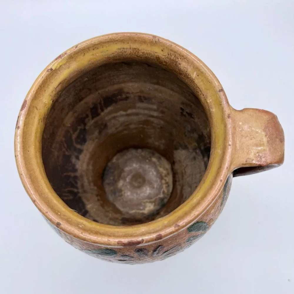 Southeastern PA Antique Folk Art Redware Pitcher Jar Hand Painted Floral Pottery